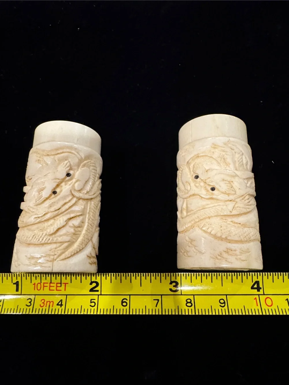 Vintage Set of Carved Faux Ivory (Bone?) Dragon Salt and Pepper Shakers AS-IS
